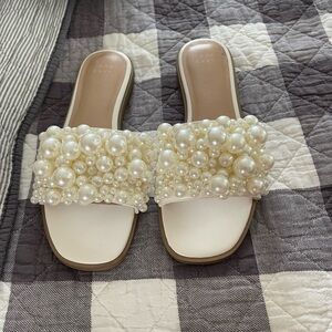Elegant Pearl Embellished White Slide Sandals